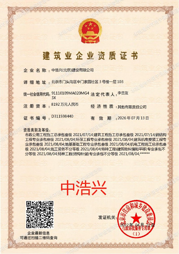 中浩興（北京）建設有限公司證書
